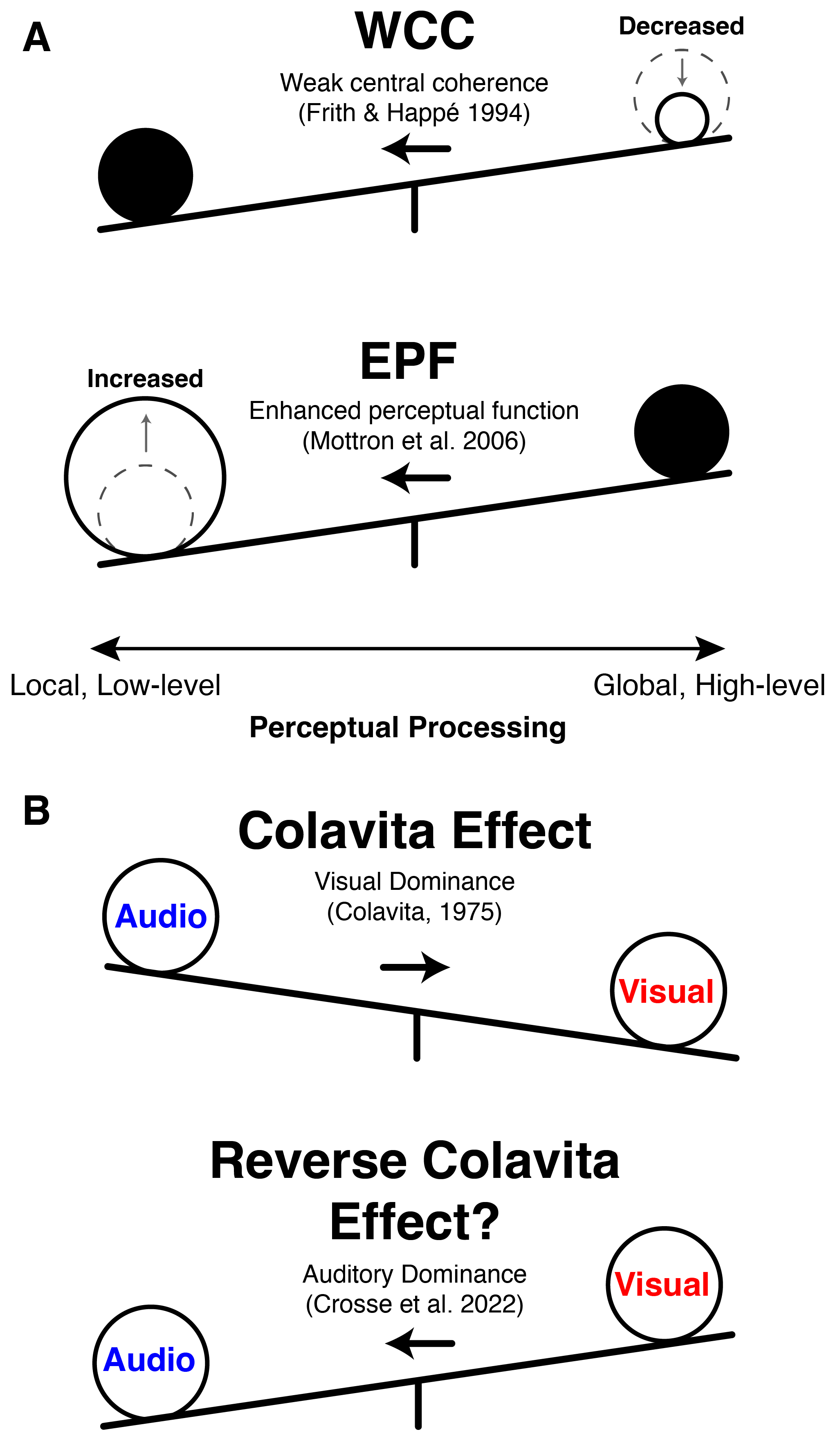 Conceptual diagram contrasting weak central coherence, enhanced perceptual functioning, visual dominance, and possible auditory dominance theories of perception in autism.
