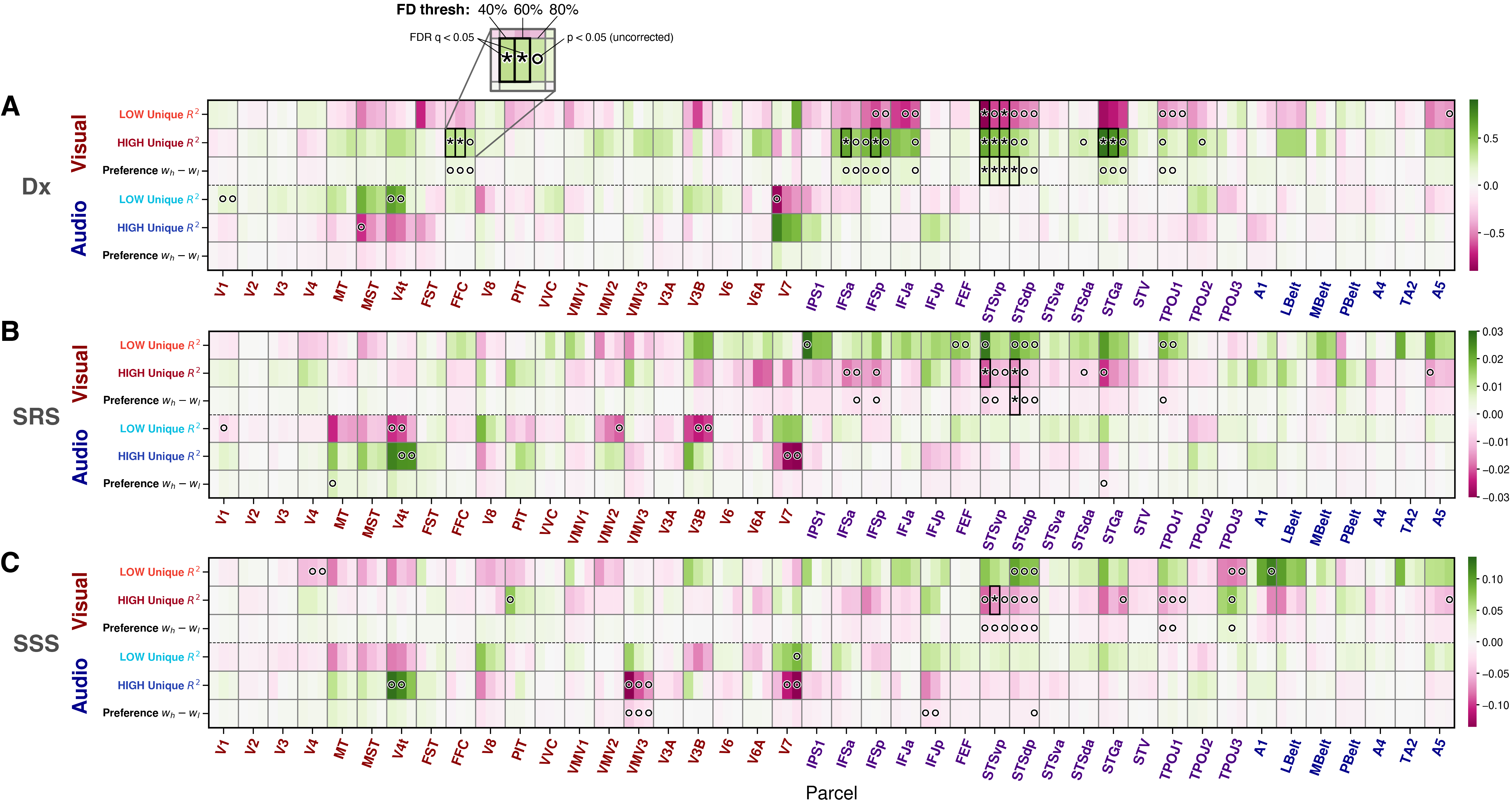 Heatmap summarizing statistical effects across cortical parcels for diagnosis, social responsiveness scores, and sensory scores, with rows for visual and audio model metrics and columns for perceptual brain regions.